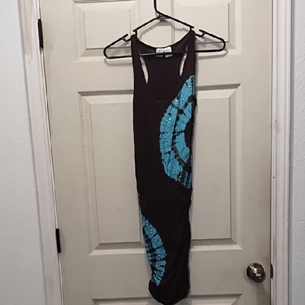 Beach Inc. Brown Dress with Blue Pattern